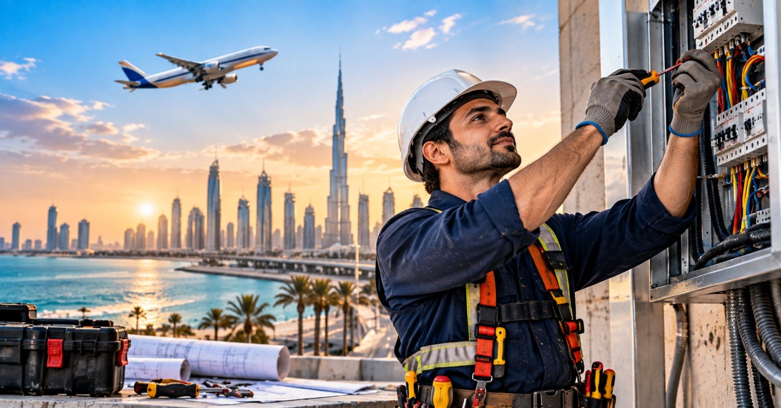 An electrician in a white hard hat and safety harness working on a distribution board on a rooftop, with an aircraft overhead and a city skyline beside the sea