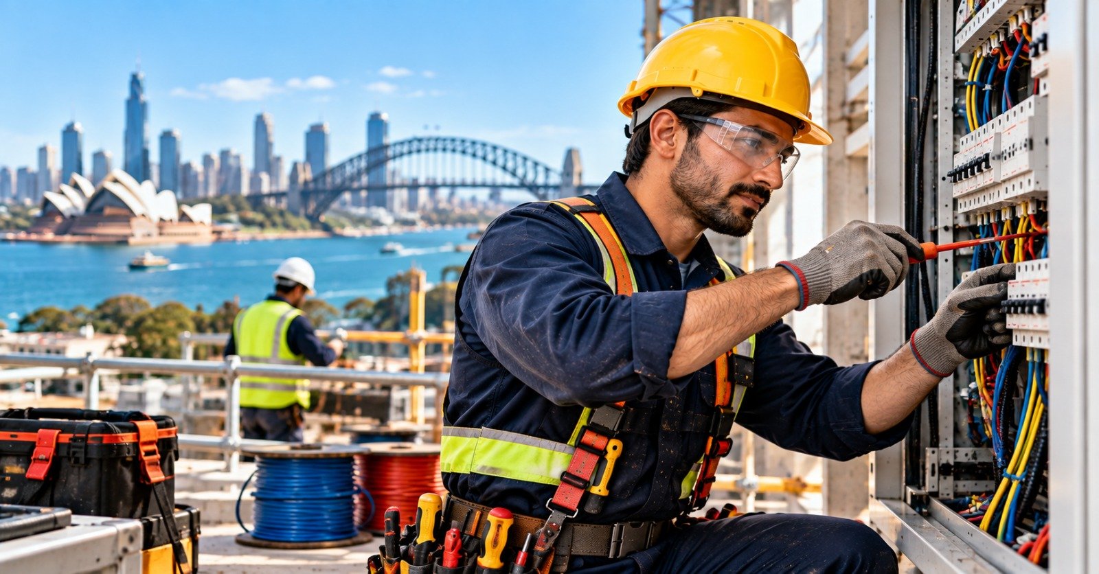 An electrician in a yellow hard hat and safety glasses working on a switchboard on a construction site overlooking Sydney Harbour Bridge and the Opera House
