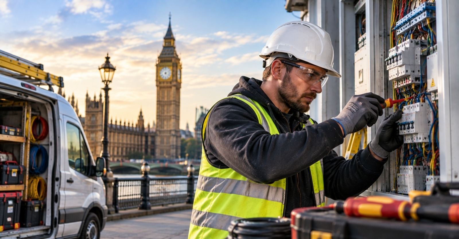 A self-employed electrician working on a commercial distribution board