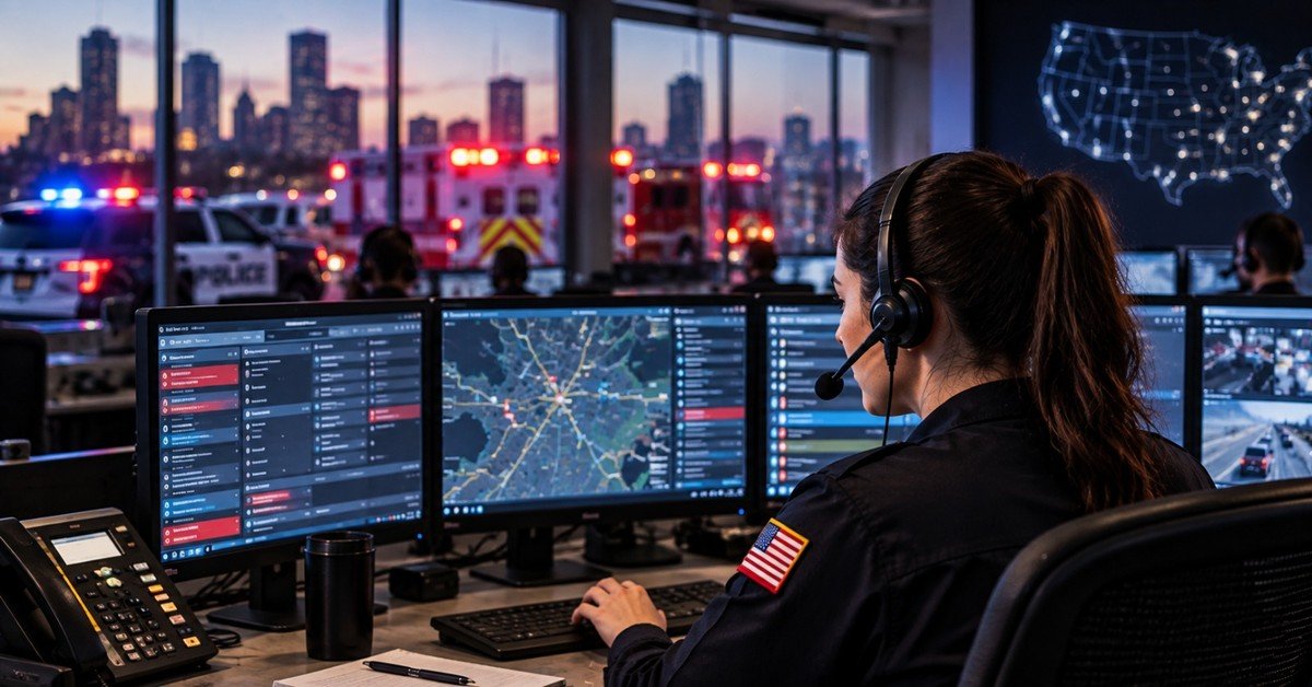 A 911 dispatcher wearing a headset works at a multi-screen CAD console as police cars and a fire truck wait outside
