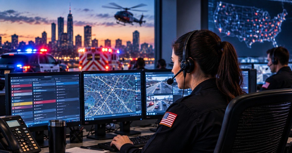 Telecommunicators with headsets at dispatch consoles showing city maps and traffic cameras in a 911 emergency communications center