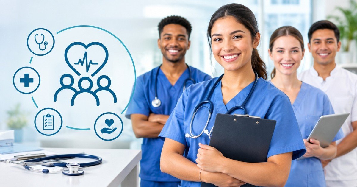 A smiling healthcare worker in blue scrubs holding a clipboard in front of three colleagues in scrubs, with healthcare icons of a stethoscope, a medical cross, a checklist and a caring hand