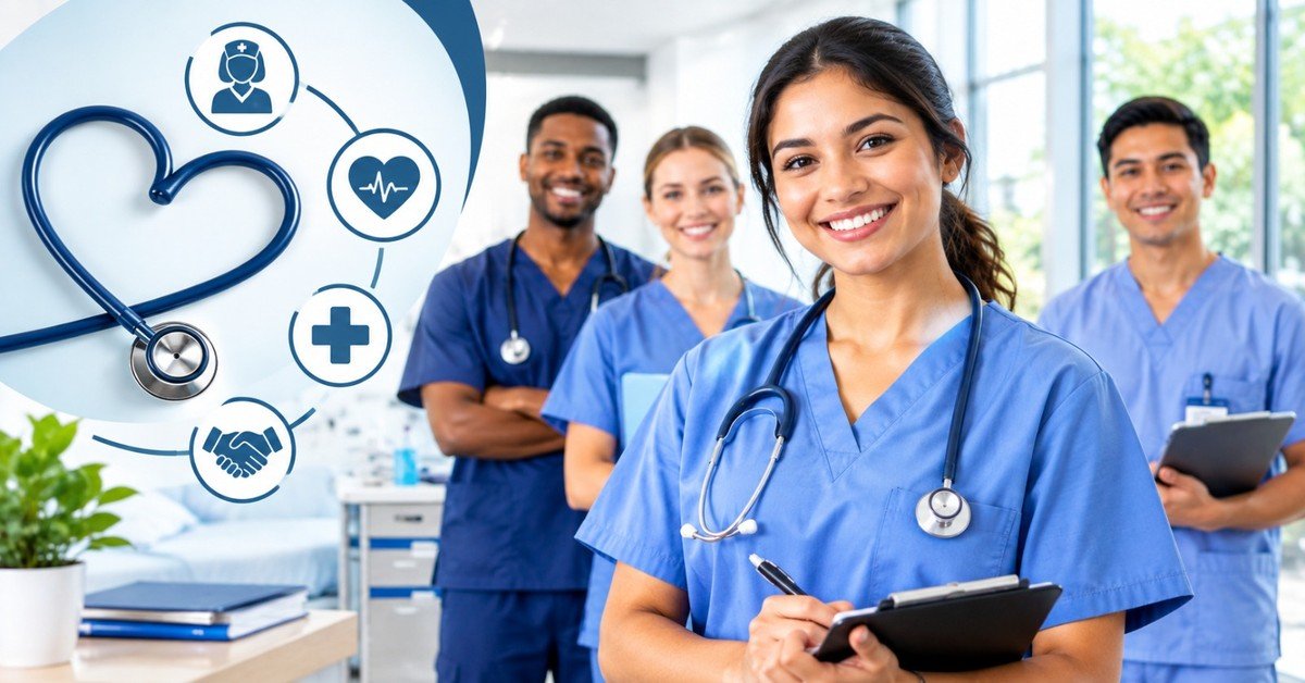 A smiling healthcare worker in light blue scrubs with a stethoscope writing on a clipboard, with three colleagues in scrubs behind her in a bright hospital ward