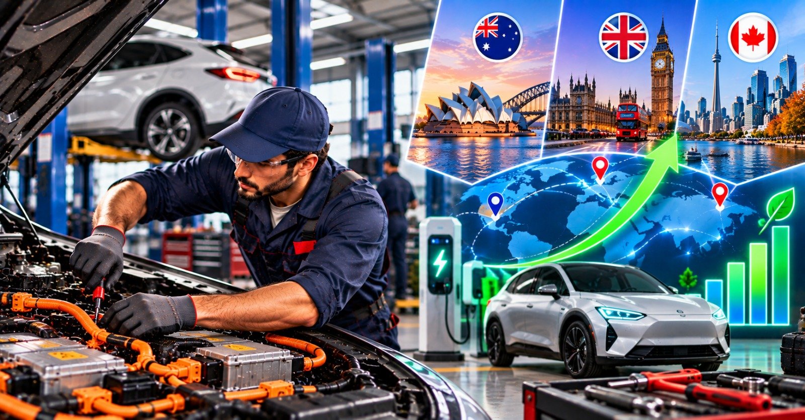 A technician in a navy cap working on an electric car's battery modules and orange high-voltage cables, with a charging station, a silver electric car and Sydney, London and Toronto scenes behind