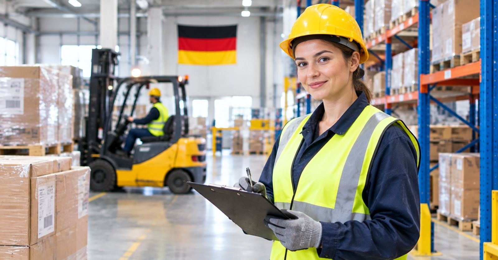 Production staff working a shift on an assembly line at a German plant