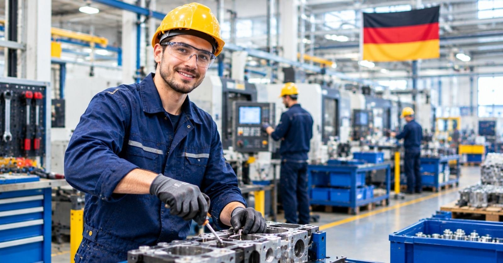 A production worker operating machinery on a German factory line