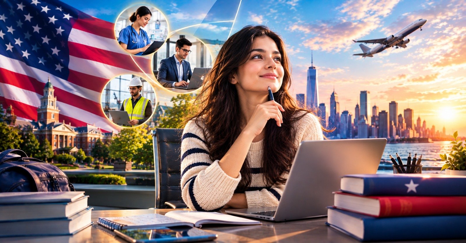 An academic job applicant at a desk with a laptop, notebook and stacked textbooks, with a US flag, a campus building and a city skyline behind her