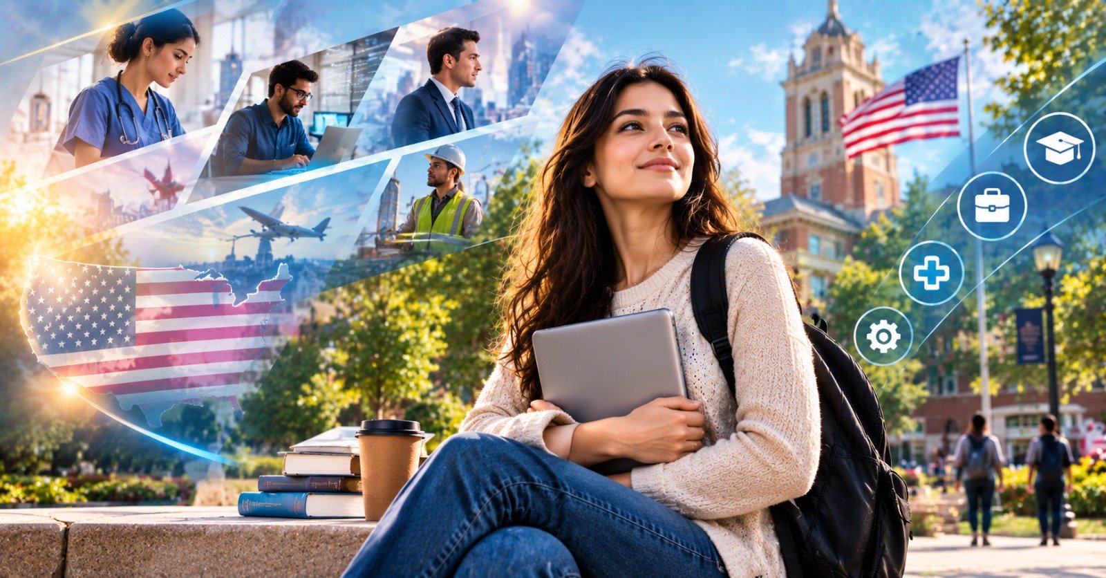A postgraduate sitting on a campus wall with a tablet and books, with a US flag, a university clock tower and students walking behind her