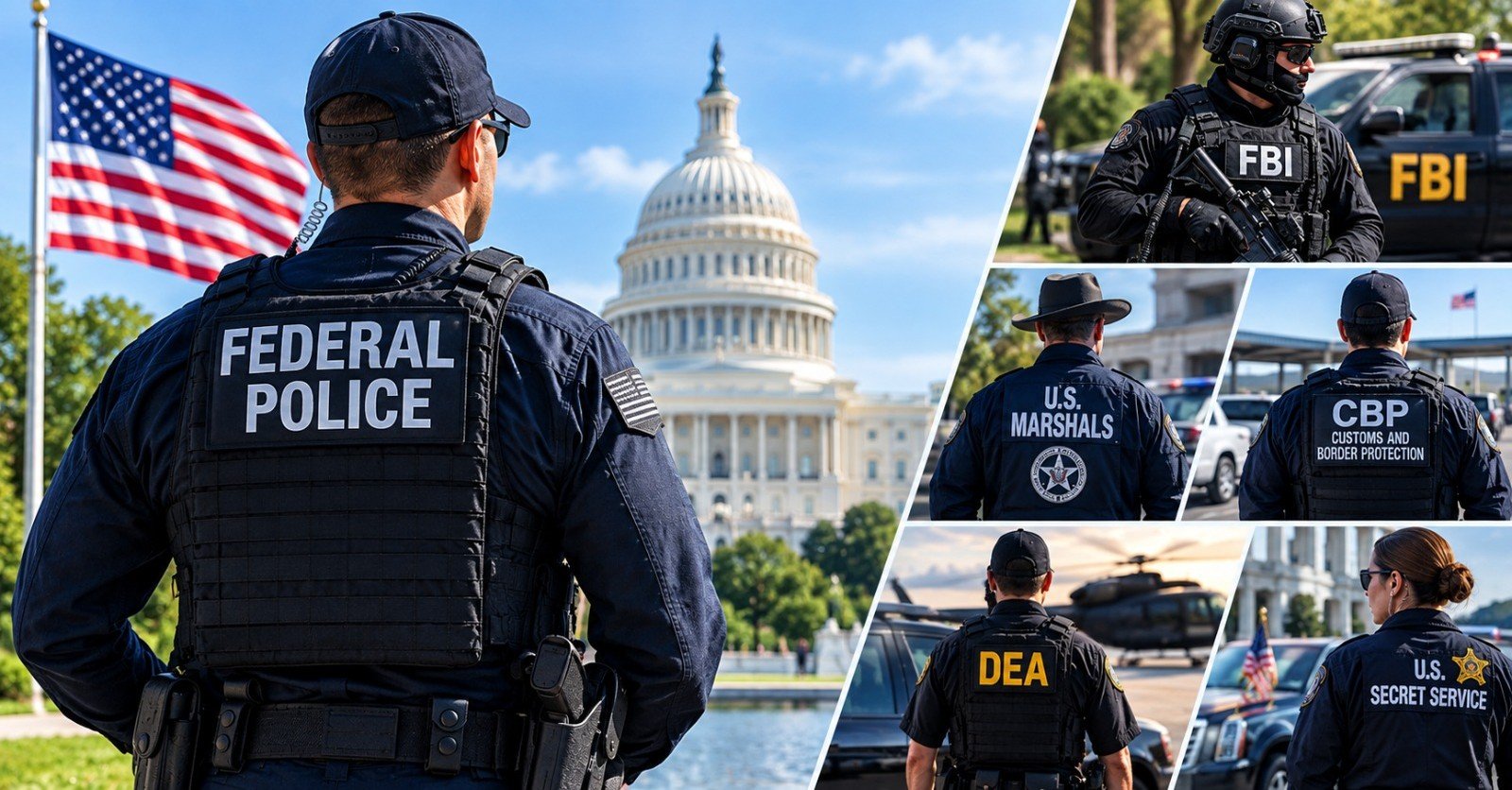 A collage of federal law enforcement officers from the FBI, US Marshals, CBP, DEA and Secret Service in front of the Capitol