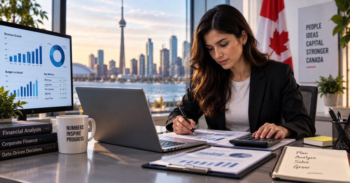 A finance analyst working through budget-versus-actual charts on screen with the Toronto skyline behind her