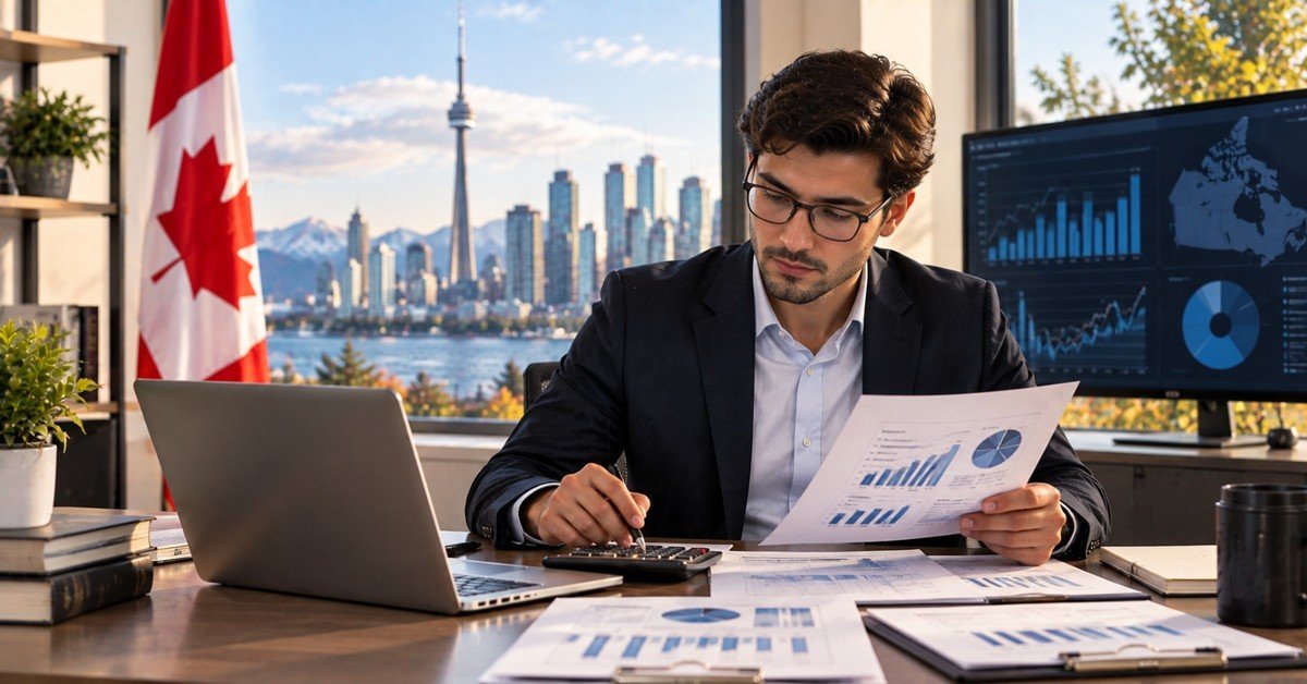 A financial analyst checking printed reports against a dashboard of Canadian performance charts
