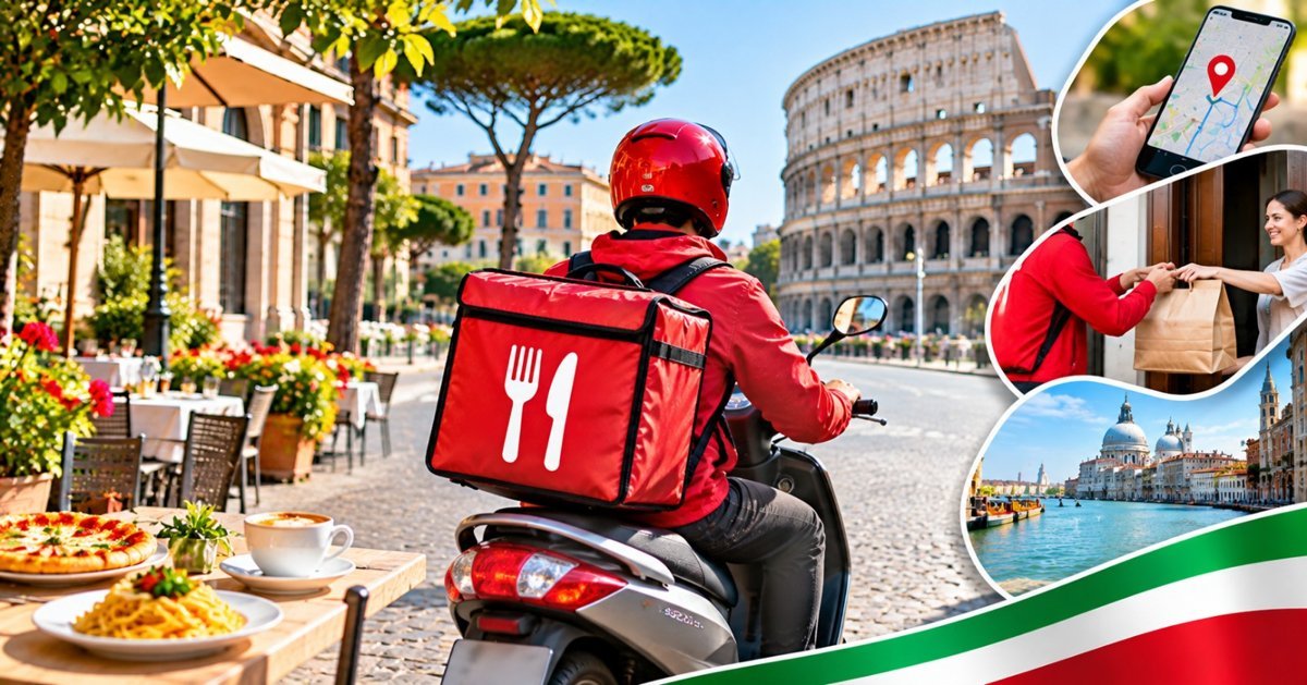 Delivery rider in red gear on a scooter on an Italian street, with restaurant and doorstep delivery scenes