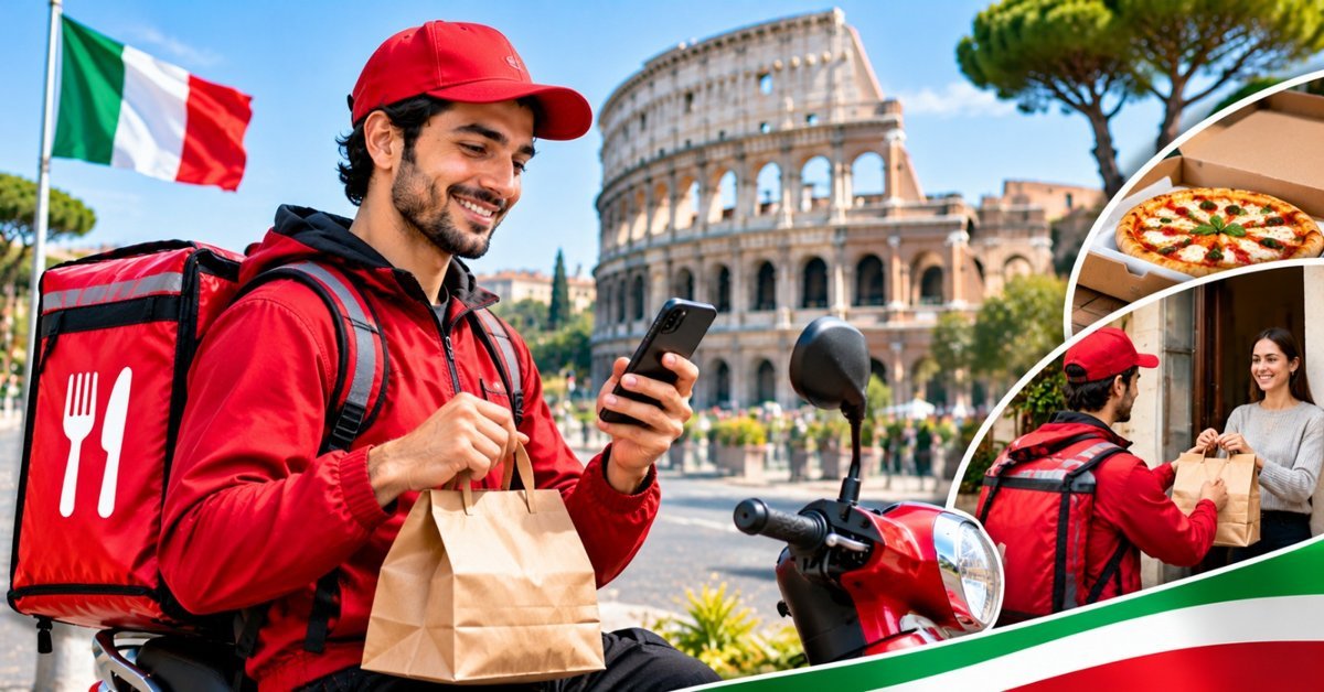 Rider in a red jacket holding a paper delivery bag and checking a phone, with a scooter and the Colosseum behind