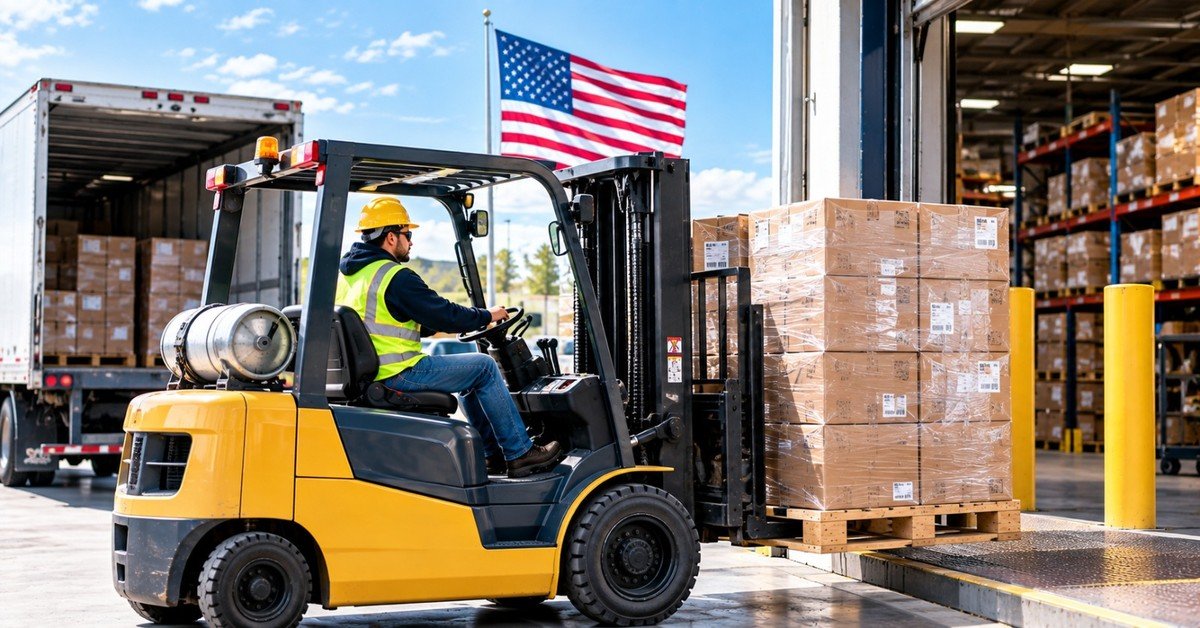 A forklift operator in a hard hat and safety vest moving a tall pallet of boxes across a loading dock between a trailer and a warehouse, with an American flag overhead