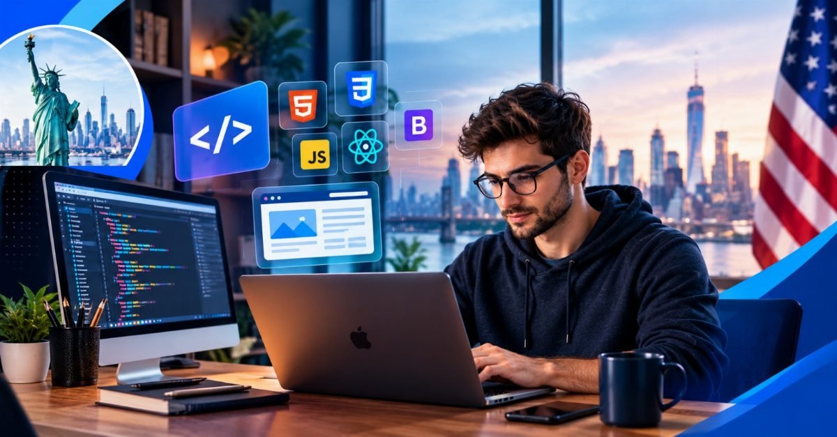 A front end developer working through a take-home coding assignment at a laptop