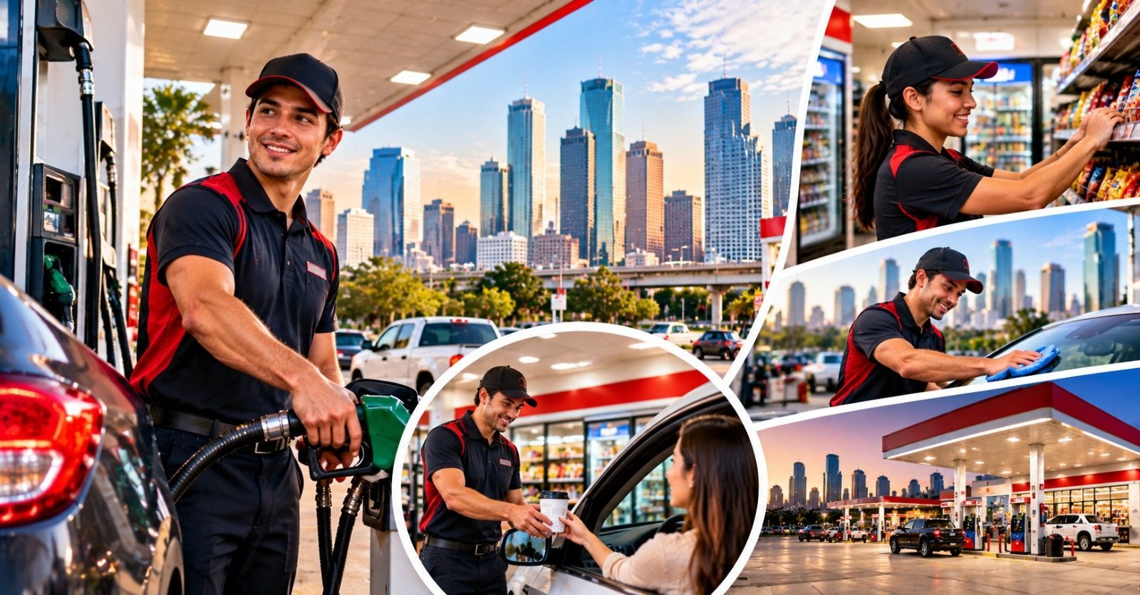 Gas station attendant in a red and black uniform at a Houston fuel station, with cashier and store scenes around him