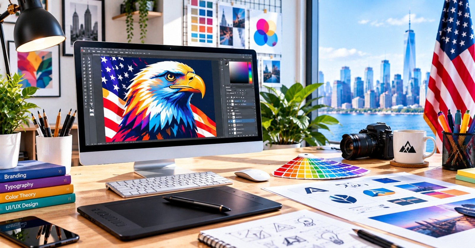 A US graphic design workspace with branding, typography and UI/UX reference material