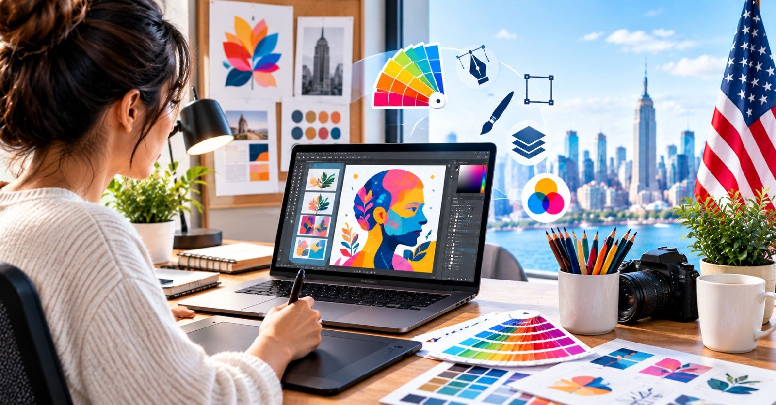 A graphic designer working in Adobe Creative Cloud on a US-based design project