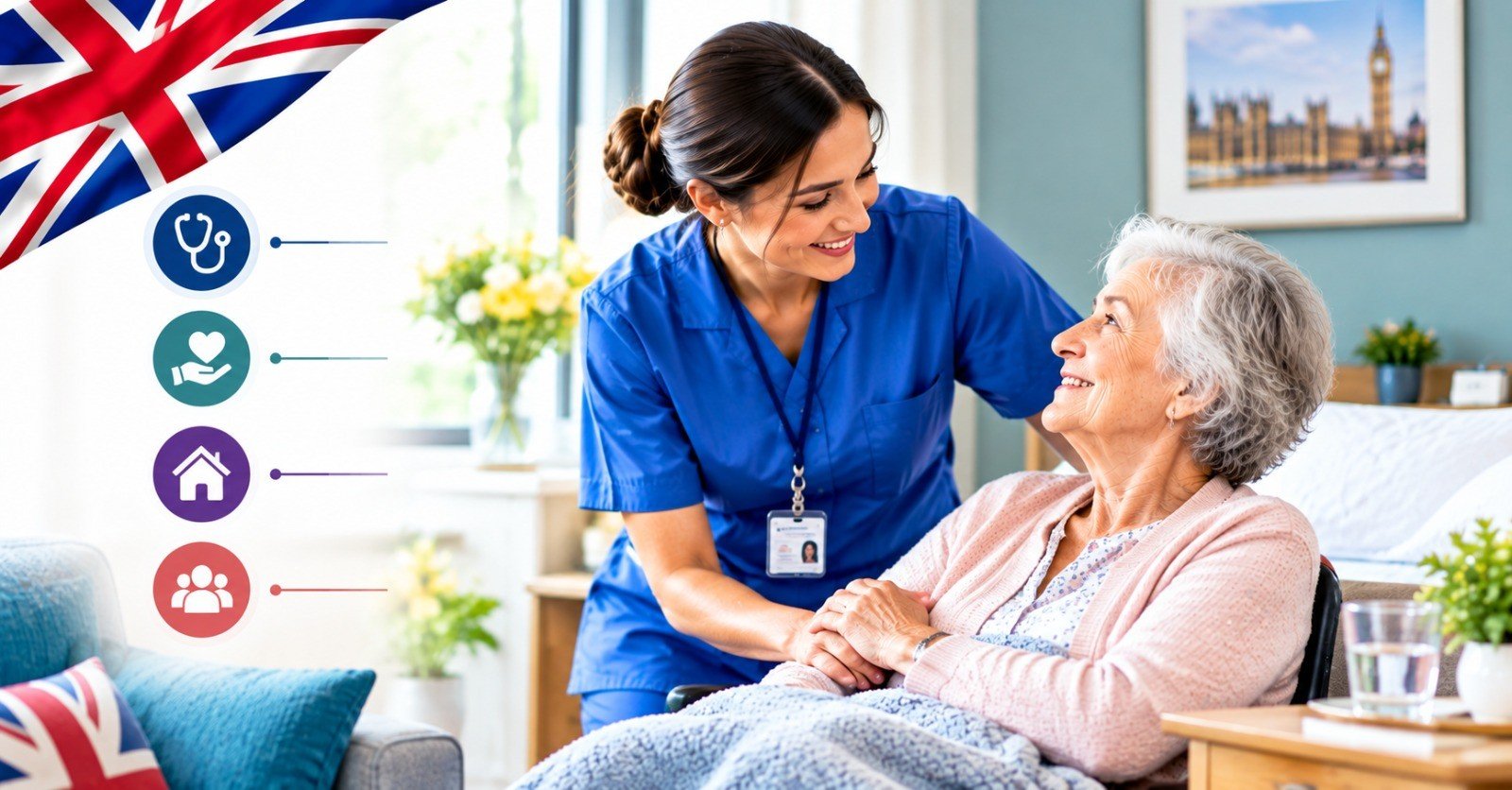 A healthcare assistant holding hands with a smiling elderly woman in a care home