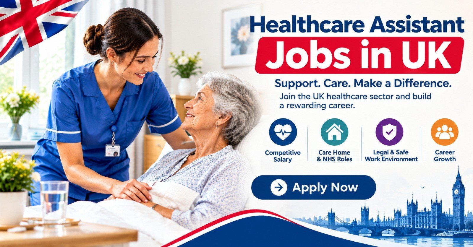 A healthcare assistant in a blue uniform helping an elderly woman sitting up in bed