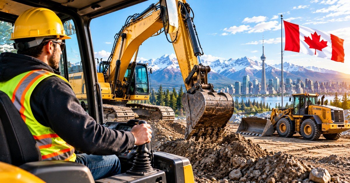 An operator in a yellow hard hat and high-visibility vest at the controls of an excavator digging soil, with a wheel loader, snow-capped mountains and a Canadian flag in the background