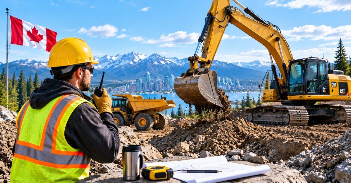 A site worker in a hard hat and safety vest using a two-way radio beside site plans while an excavator loads a dump truck, with mountains and a city skyline across the water