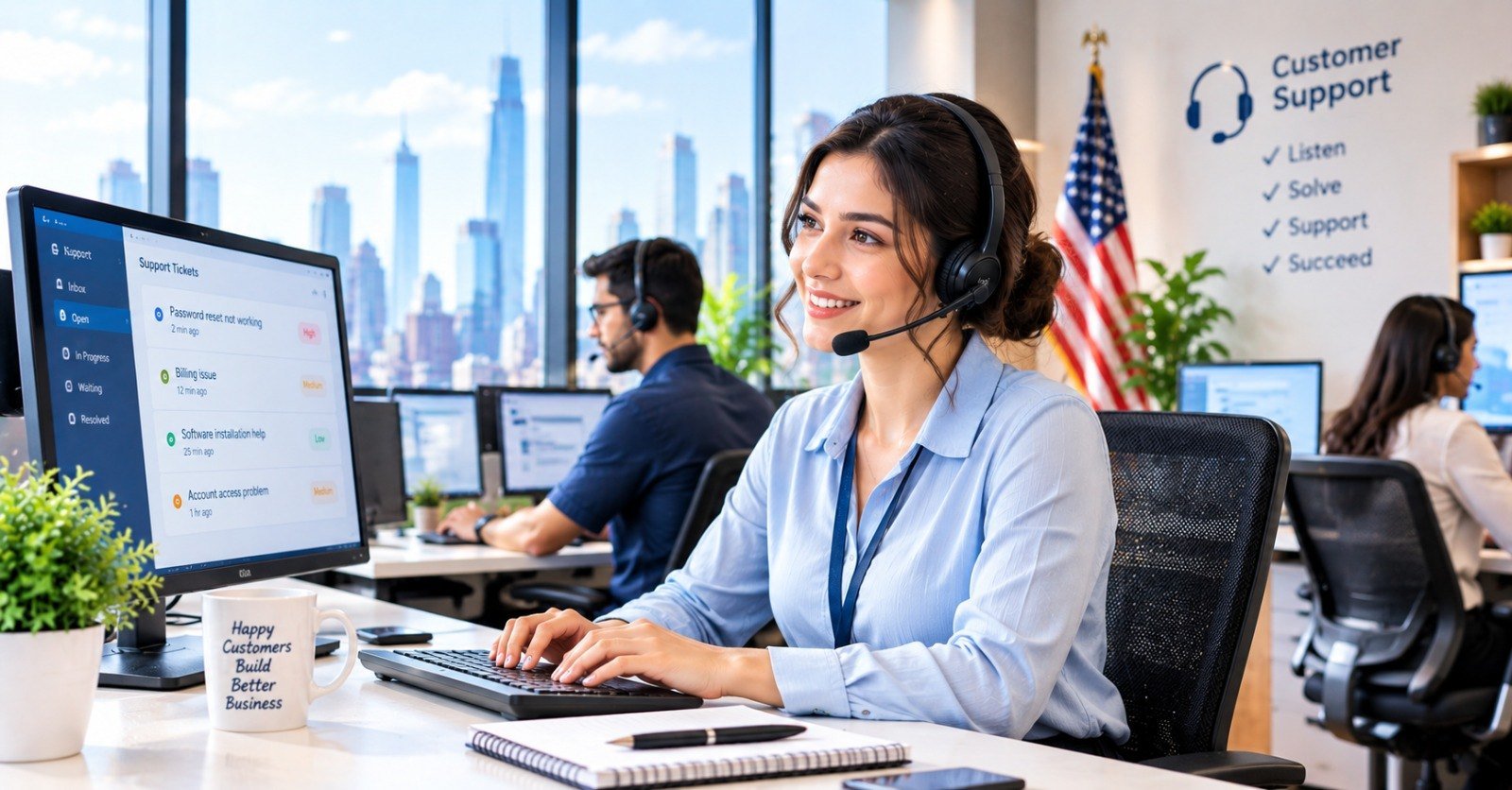 A support technician wearing a headset at a service desk with a ticket queue on screen