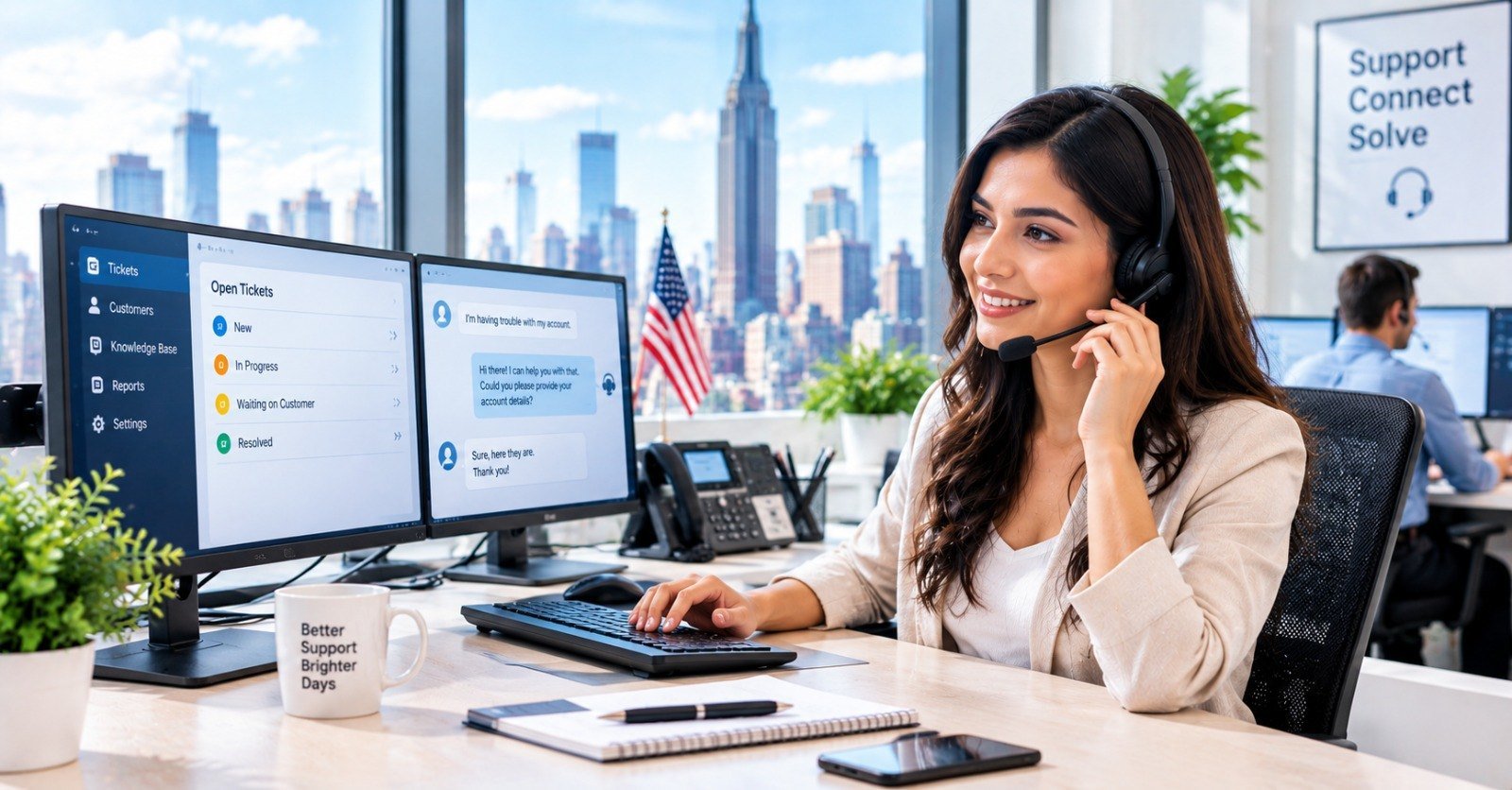 A help desk technician with a headset working through open support tickets on two monitors