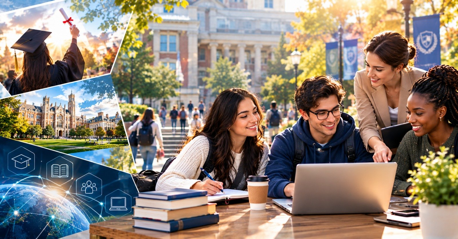 A university staff member helping three students at a laptop on campus, with a graduation photograph, a college building and digital icons in a collage