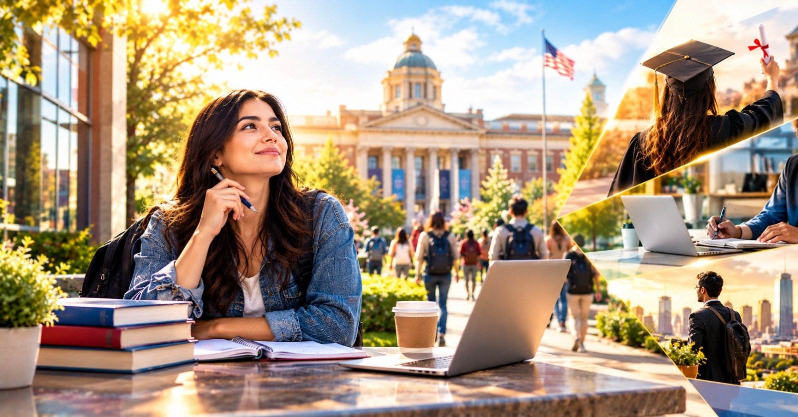 A student sitting with a laptop and books outside a US university building, with a US flag, a graduating student and a city skyline in an inset collage
