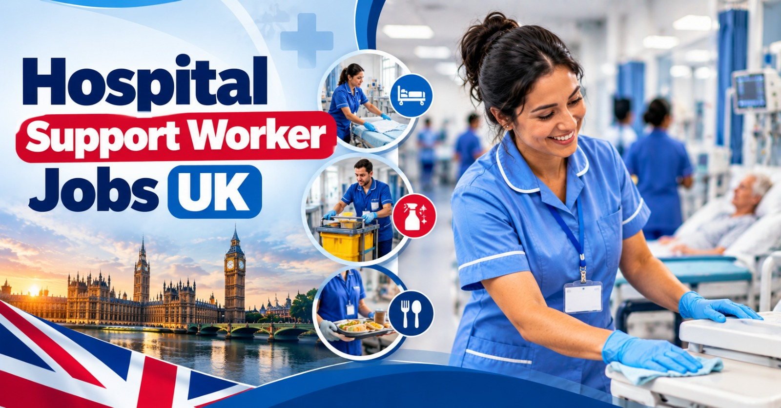 Hospital support worker assisting a patient on an NHS ward in the UK