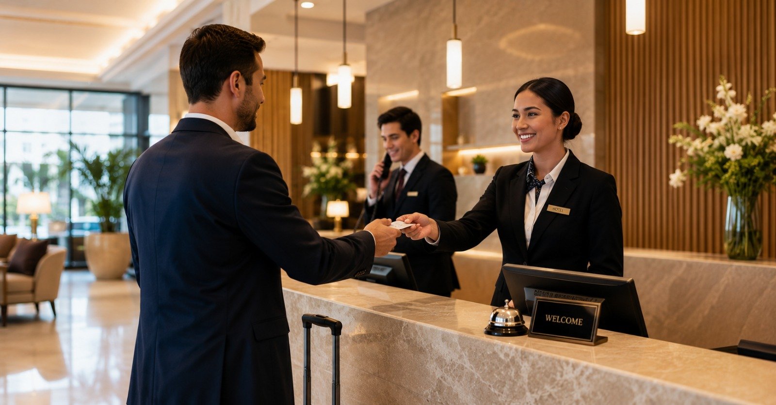 Hotel front desk agent greeting a guest — hotel jobs in USA for foreigners with visa sponsorship