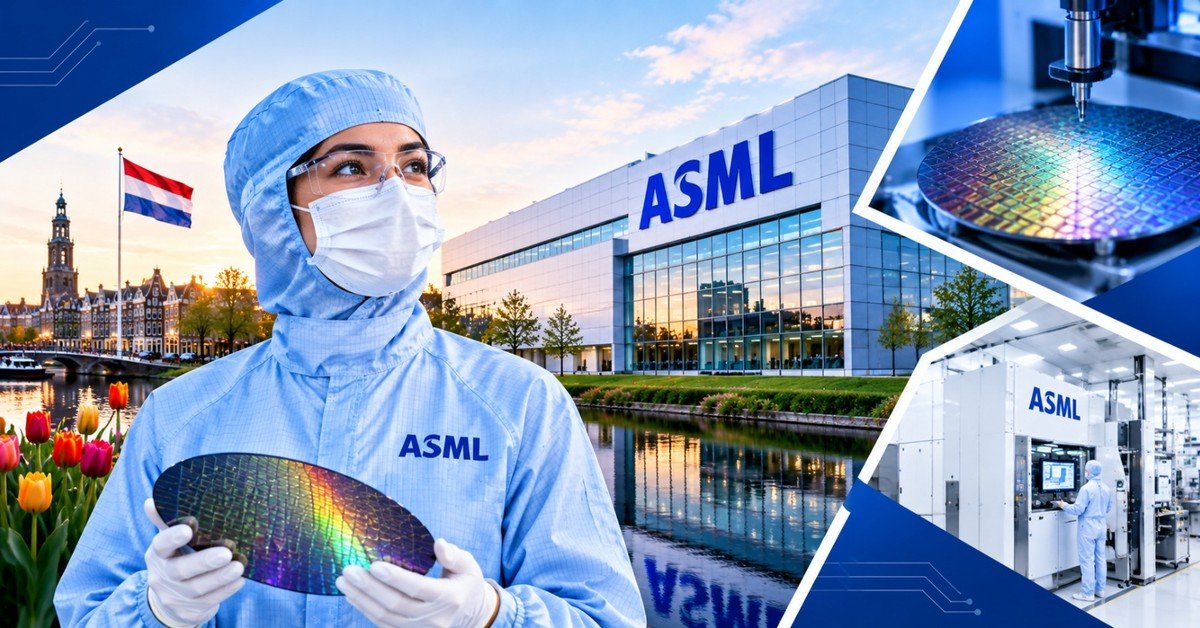 The ASML campus in Veldhoven with wafer inspection equipment and a cleanroom production hall