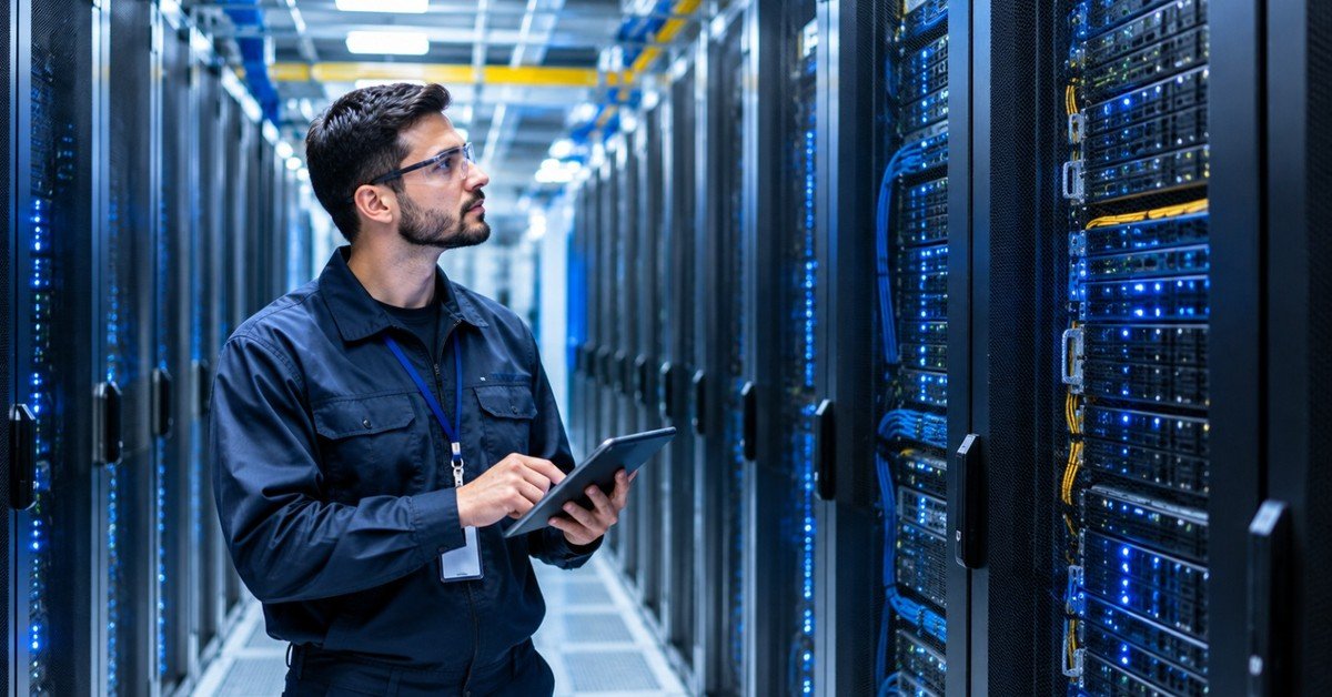 Rows of server racks inside a data hall