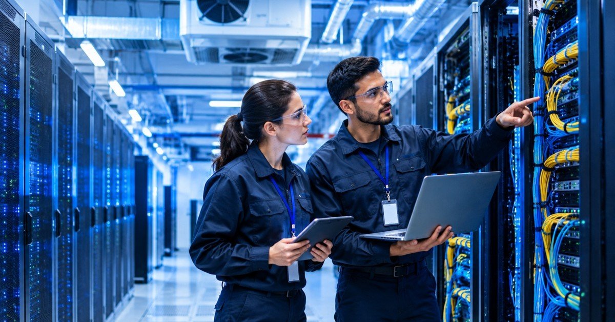 Technician working on data centre hardware
