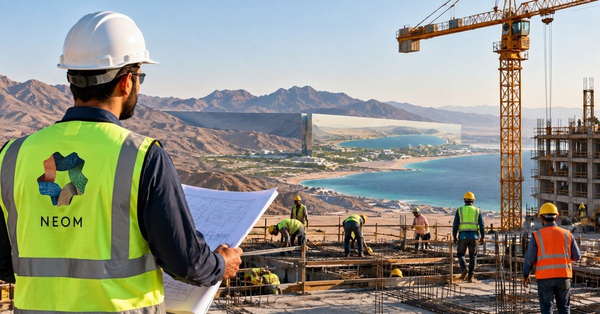 Construction site work in progress on a large infrastructure project in the Saudi Arabian desert
