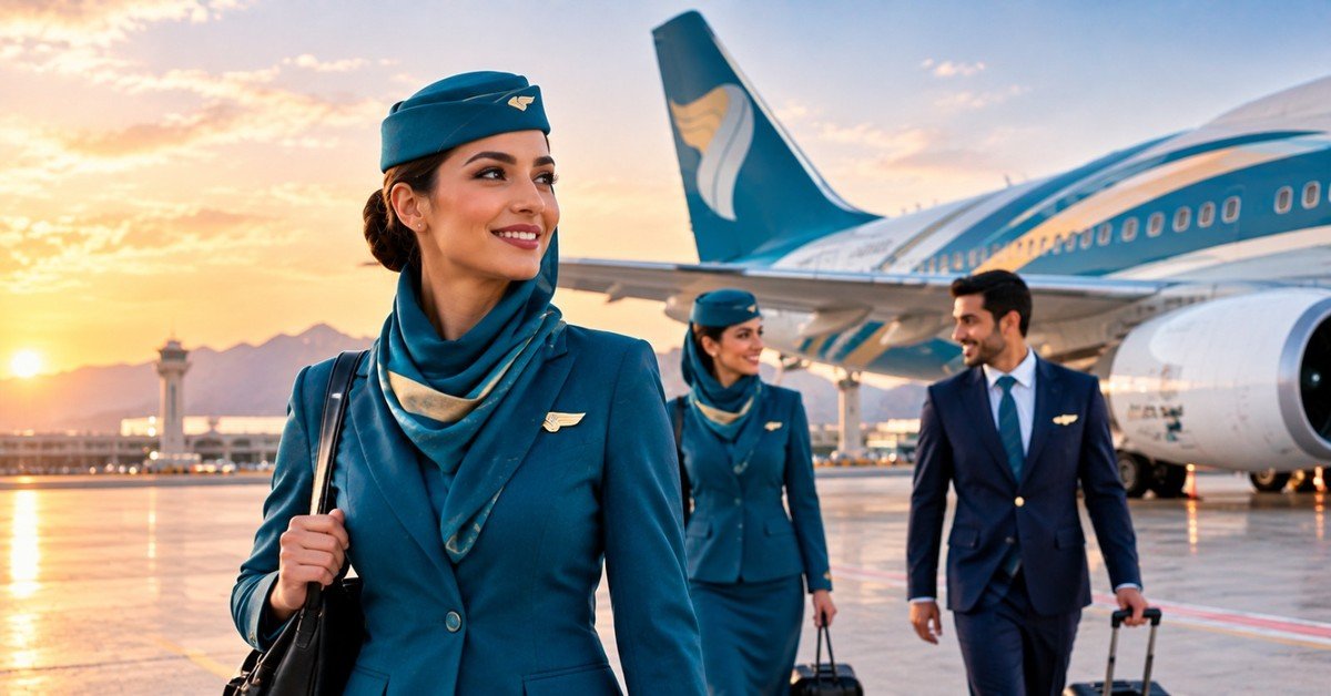 Oman Air cabin crew preparing for a flight