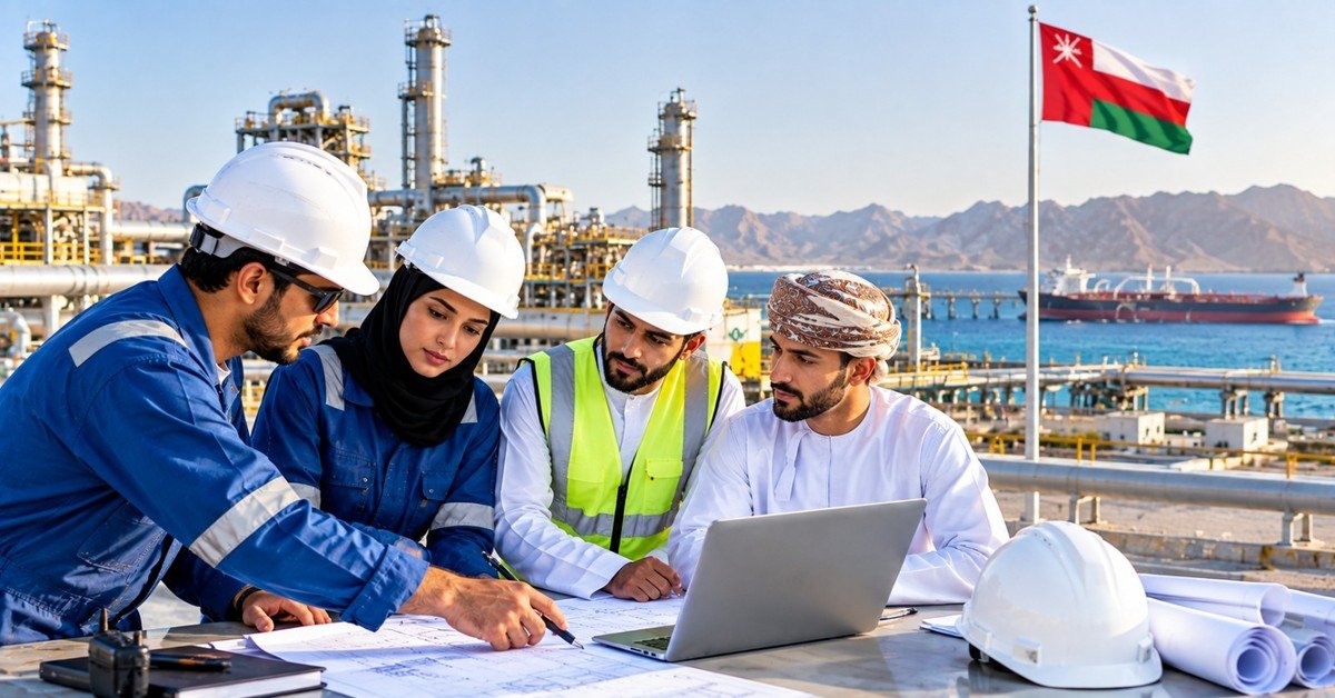 Engineers working at an industrial oil and gas installation in the Omani interior