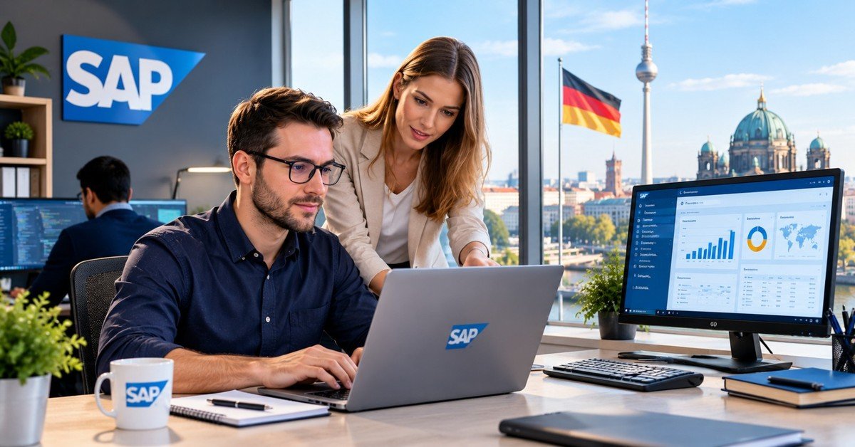 An SAP consultant working at a desk in a German office