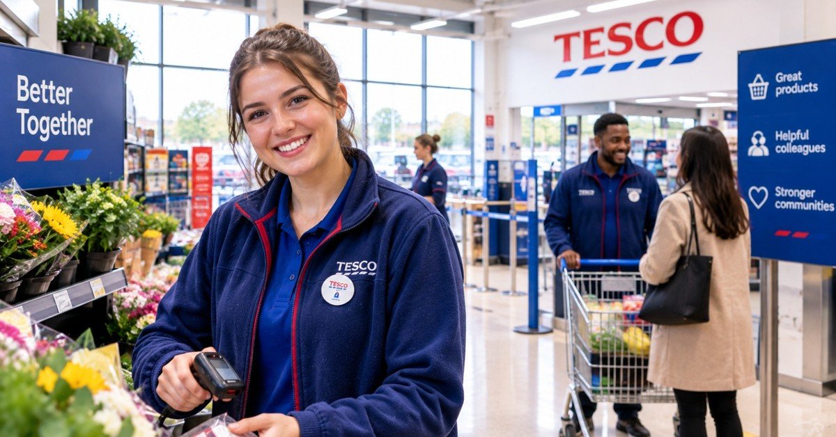 A Tesco colleague scanning items at the checkout while customers shop in the background of a UK store