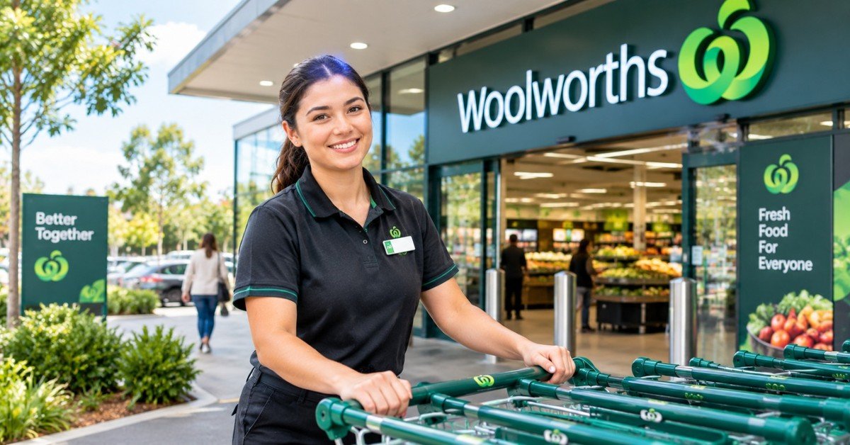 A Woolworths team member in the fresh produce aisle of a supermarket