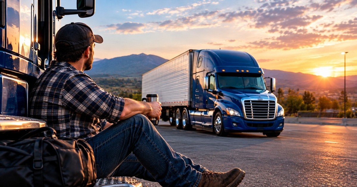 Trucks parked at a US truck stop at dusk while a driver checks his trailer