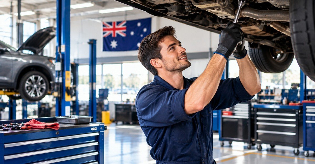 A smiling mechanic in navy overalls working with a ratchet under a car raised on a hoist in a bright workshop, with tool chests and an Australian flag in the background