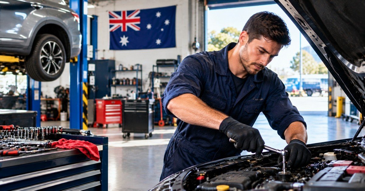 A mechanic in navy overalls and black gloves tightening a bolt in the engine bay of a car in a workshop, with a car on a hoist, a tool chest and an Australian flag behind him