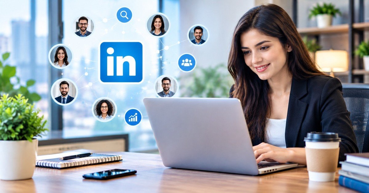 LinkedIn profile network illustration showing connections spreading between professionals