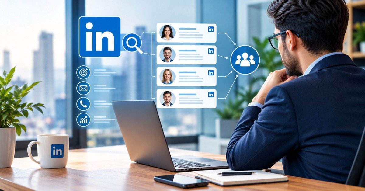 LinkedIn search results showing a list of candidate profiles being reviewed on a laptop