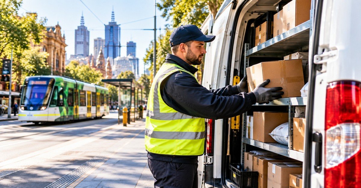 A courier loading parcels into a van on an Australian city street