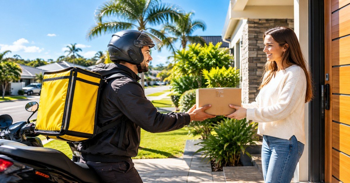 A delivery driver carrying a parcel beside a van on a suburban street with Sydney Harbour behind