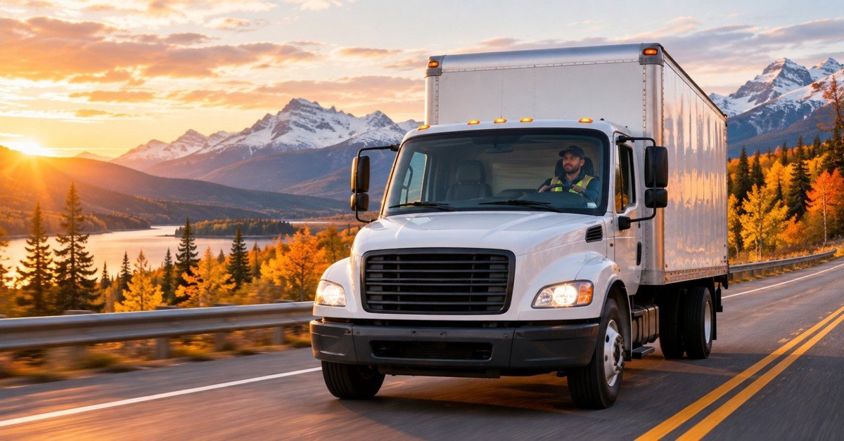 A tractor-trailer on a Canadian highway with mountains in the distance