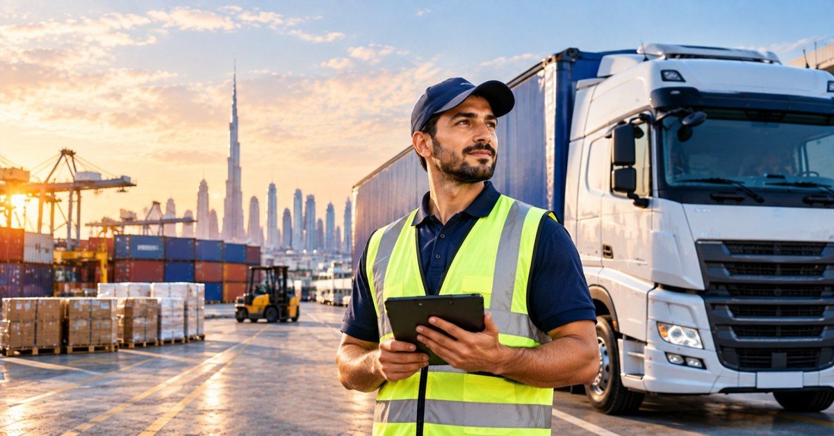 A logistics driver in a cap and high-visibility vest checking a delivery tablet beside a white truck at a port, with pallets, a forklift, cranes and the Burj Khalifa at sunrise behind him